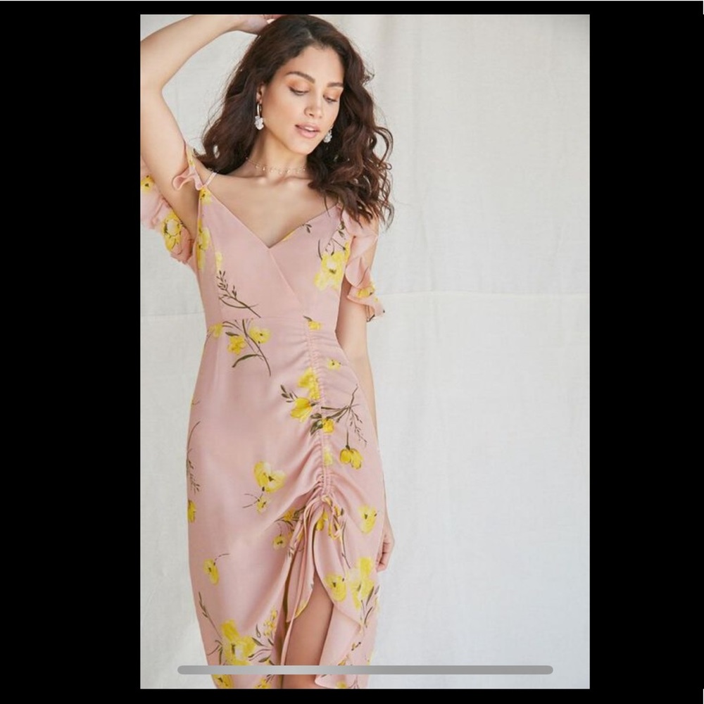 Forever 21 off shoulder floral midi dress thigh leg slit flutter flowy